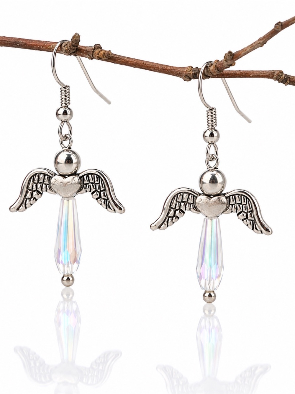 Silver Angel Earrings Crystal Aurora Borealis Celestial Dangle